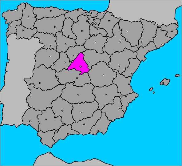 Mapa de España con una región en morado situada hacia el centro. El fondo es gris y las zonas de agua circundantes en azul.